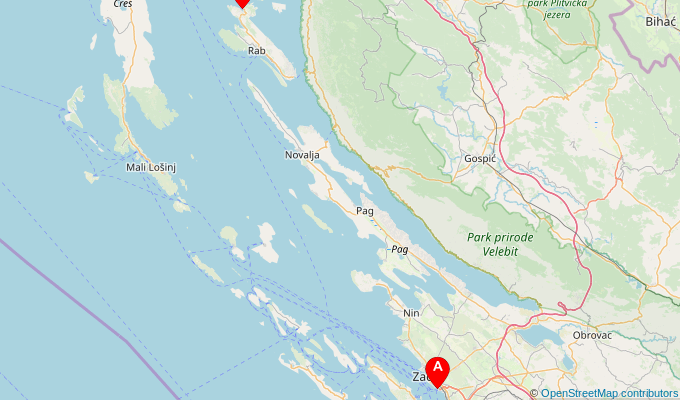 Map of ferry route between Zadar and Lopar